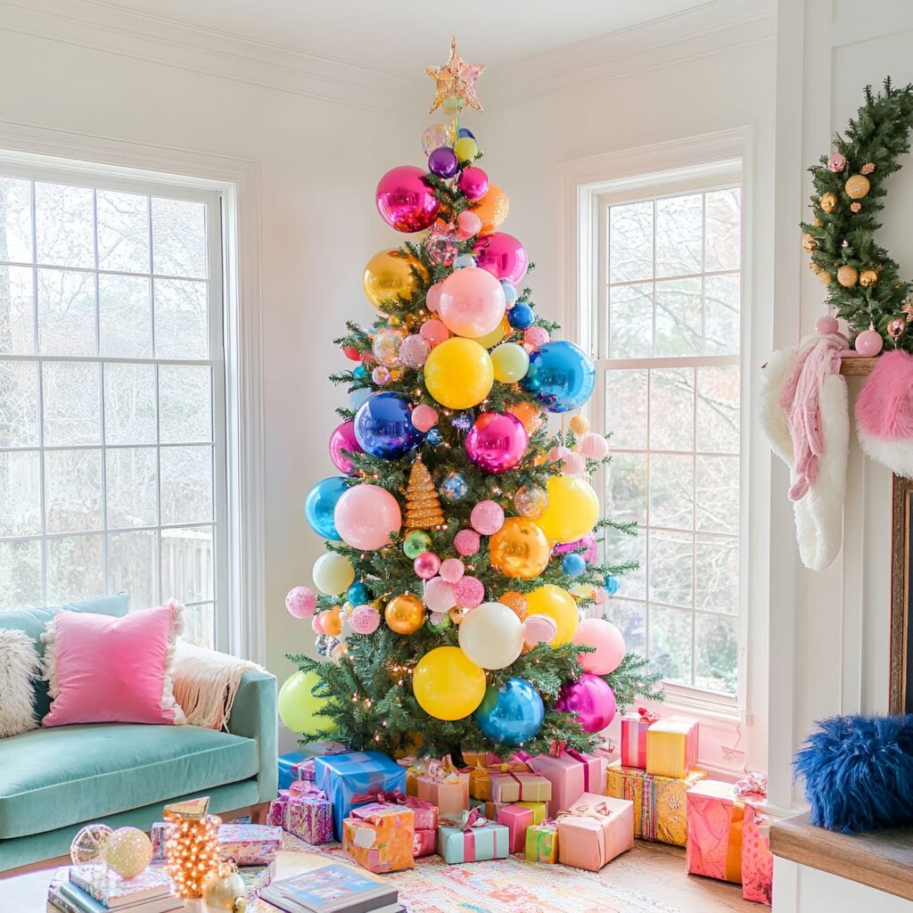 19. Multi-Colored Tree with Balloons for Festive Vibe