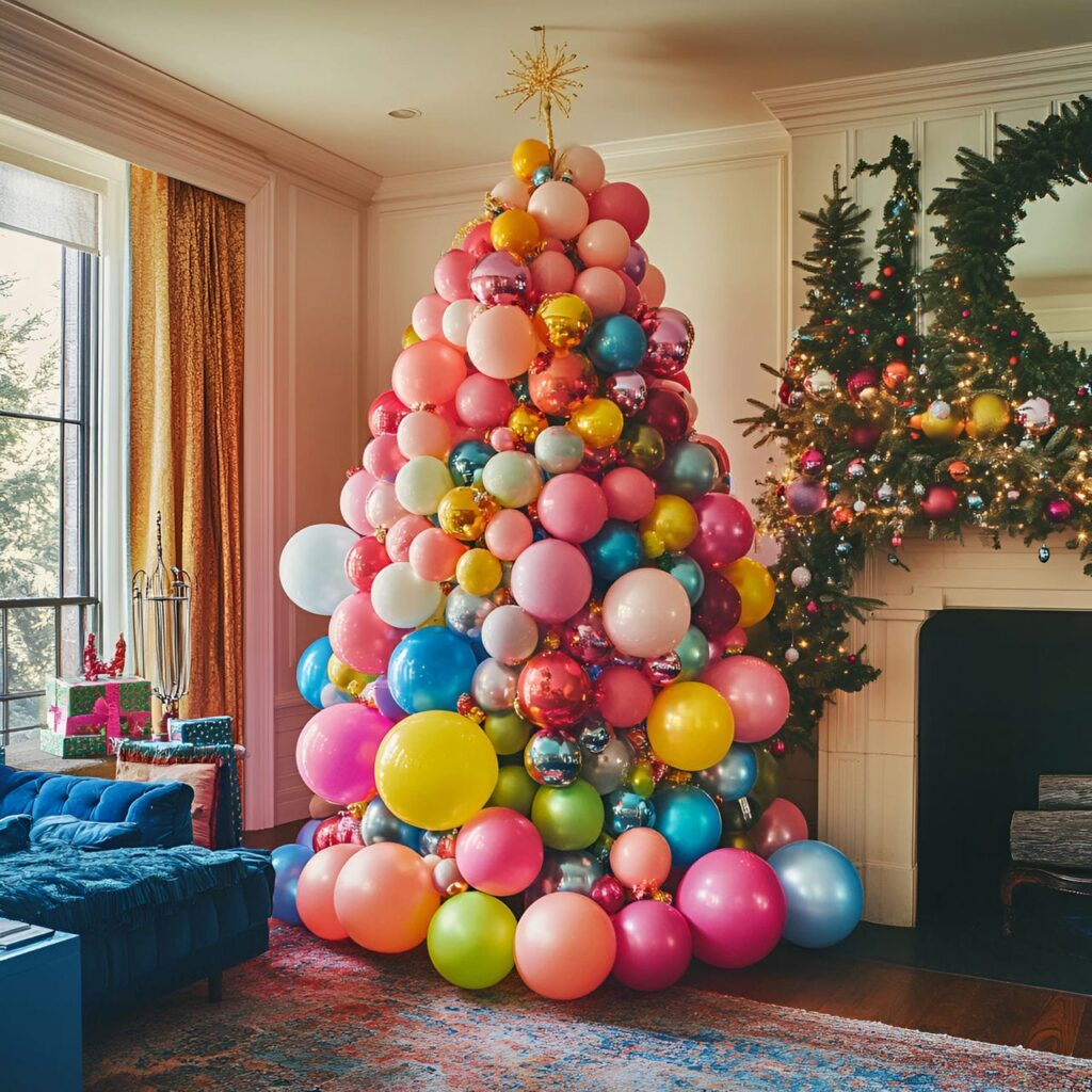 19. Multi-Colored Tree with Balloons for Festive Vibe