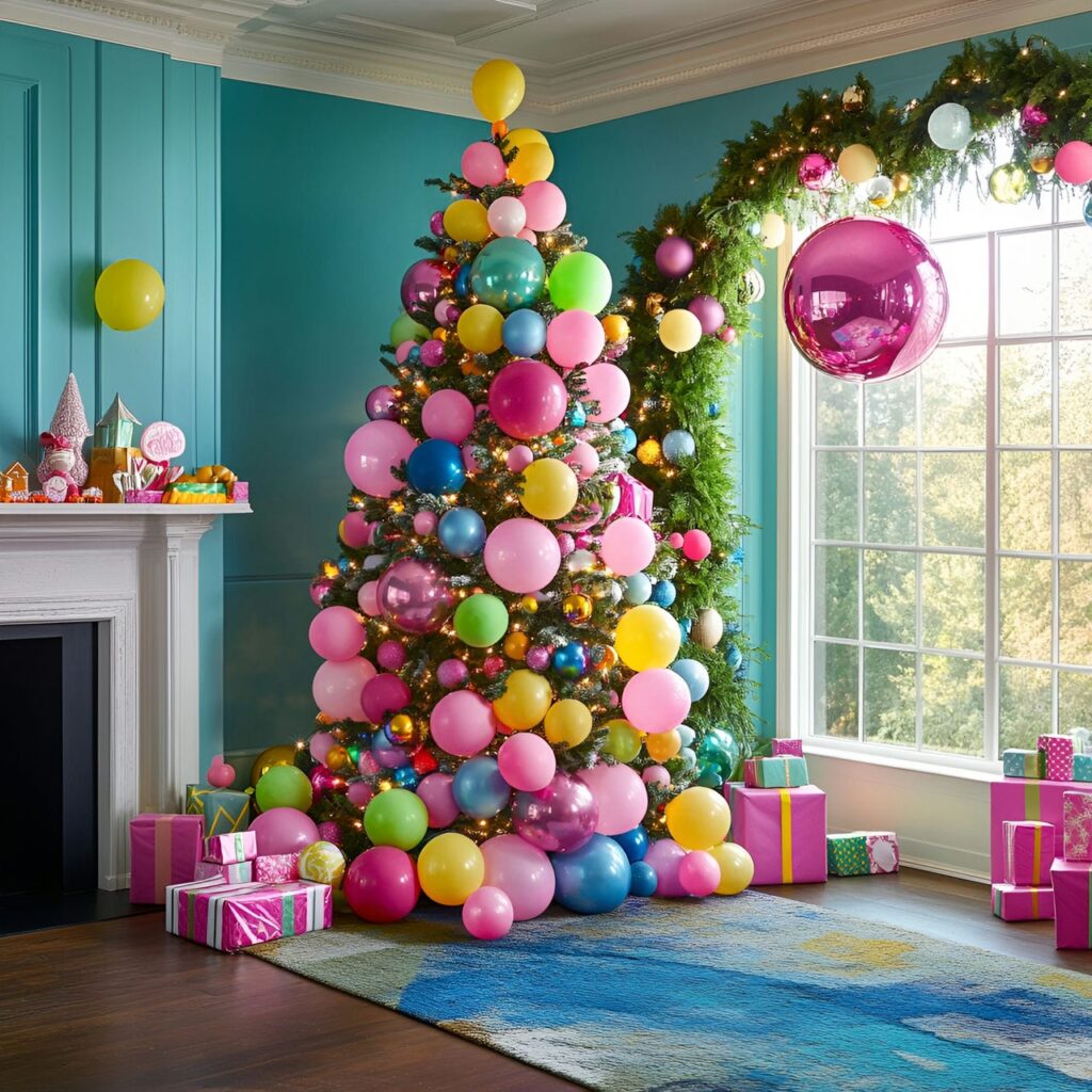 19. Multi-Colored Tree with Balloons for Festive Vibe