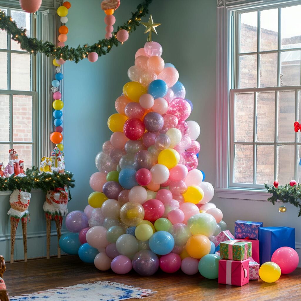 19. Multi-Colored Tree with Balloons for Festive Vibe