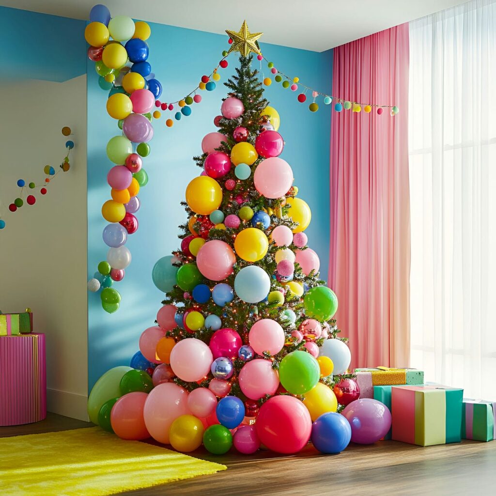 19. Multi-Colored Tree with Balloons for Festive Vibe