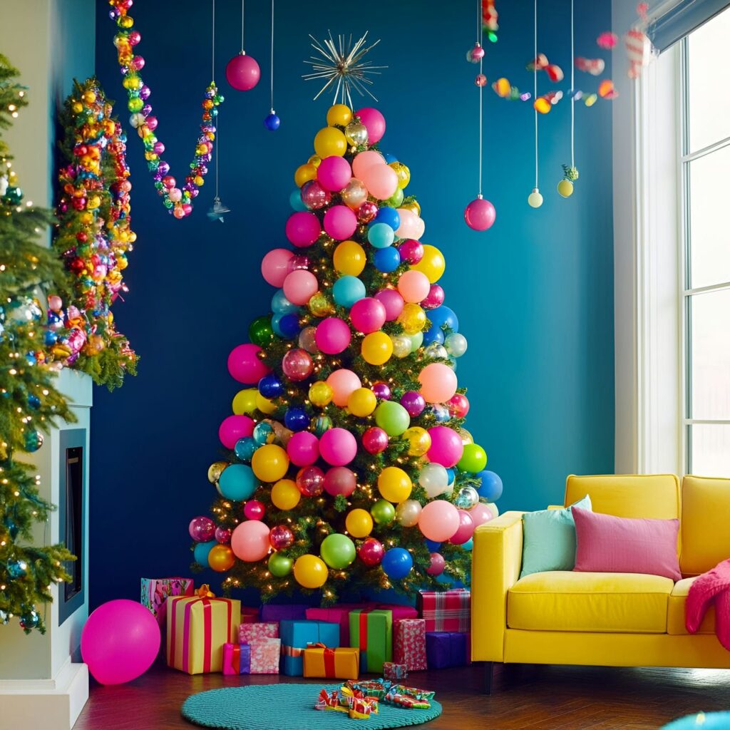 19. Multi-Colored Tree with Balloons for Festive Vibe