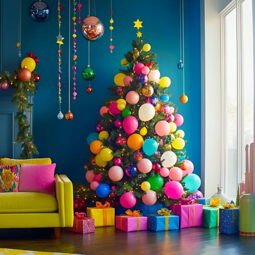 19. Multi-Colored Tree with Balloons for Festive Vibe