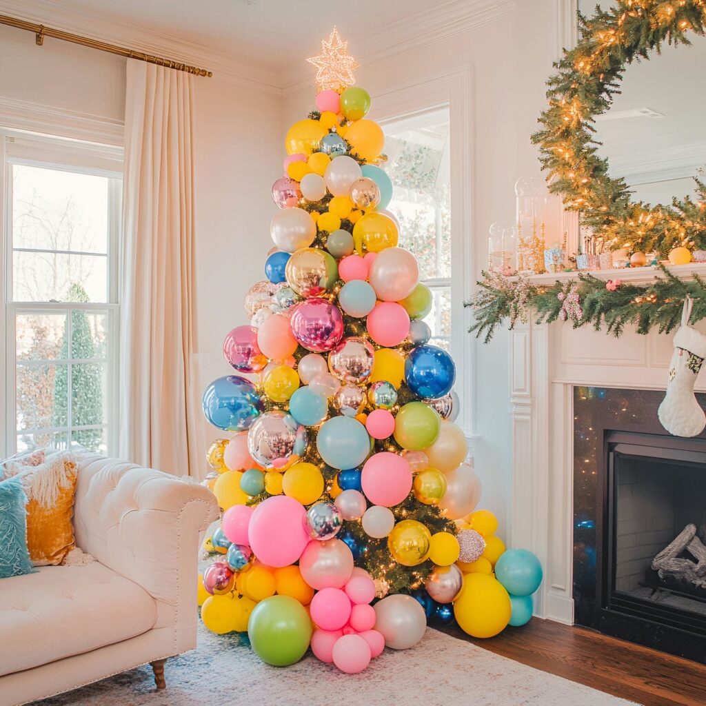 19. Multi-Colored Tree with Balloons for Festive Vibe