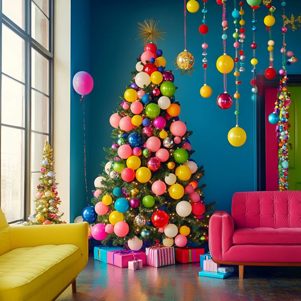 19. Multi-Colored Tree with Balloons for Festive Vibe