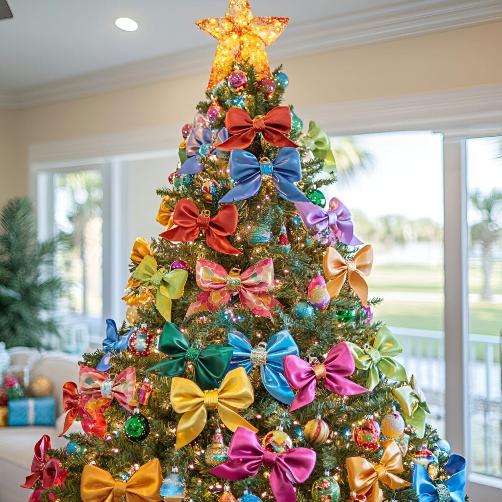 28. Bright Multi-Colored Christmas Tree with Bow Ornaments