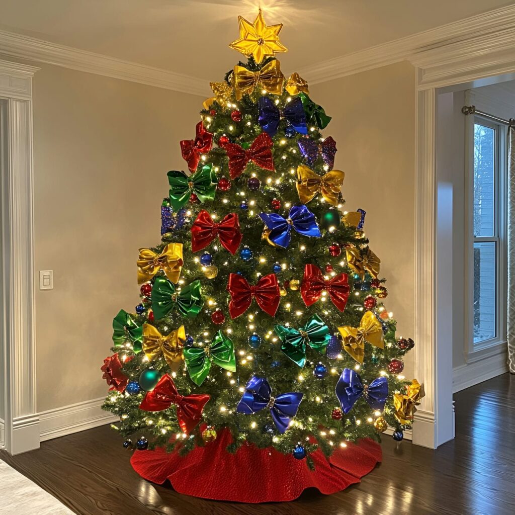 28. Bright Multi-Colored Christmas Tree with Bow Ornaments