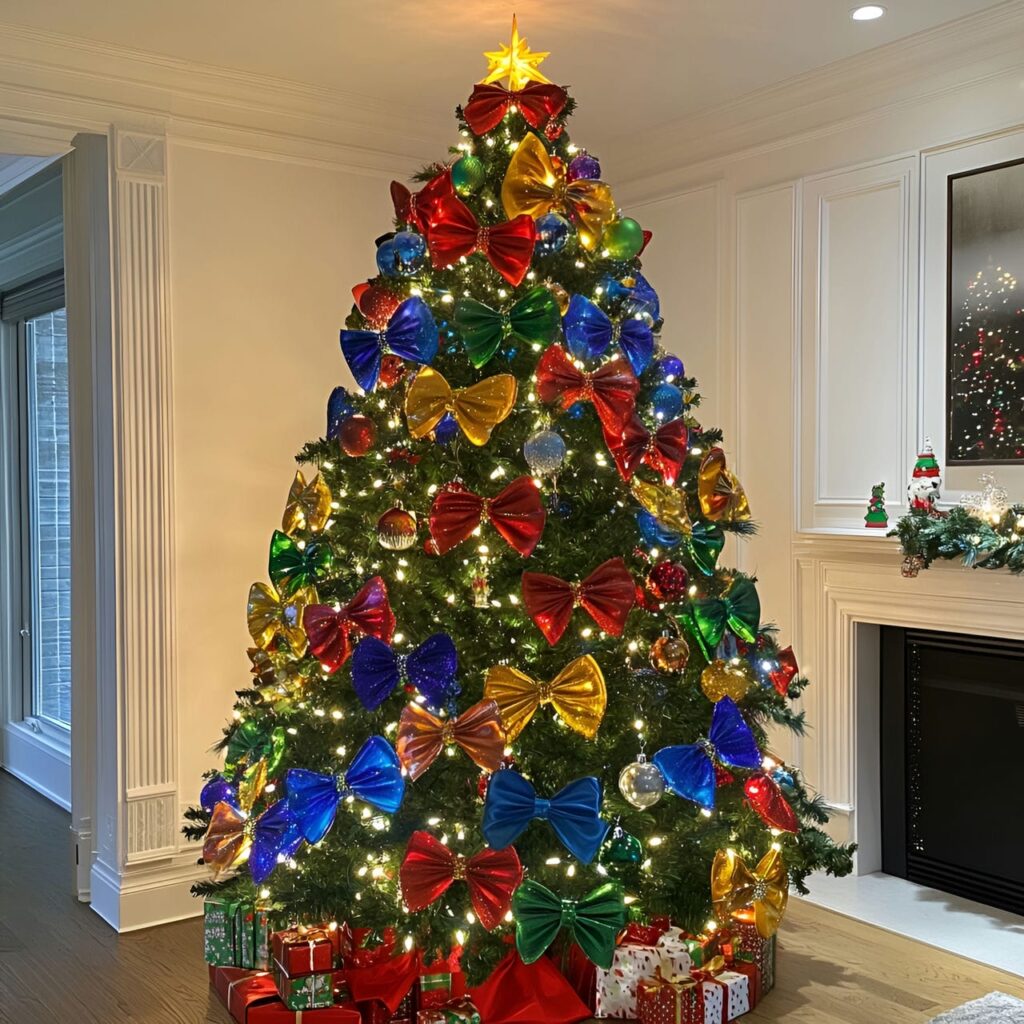 28. Bright Multi-Colored Christmas Tree with Bow Ornaments