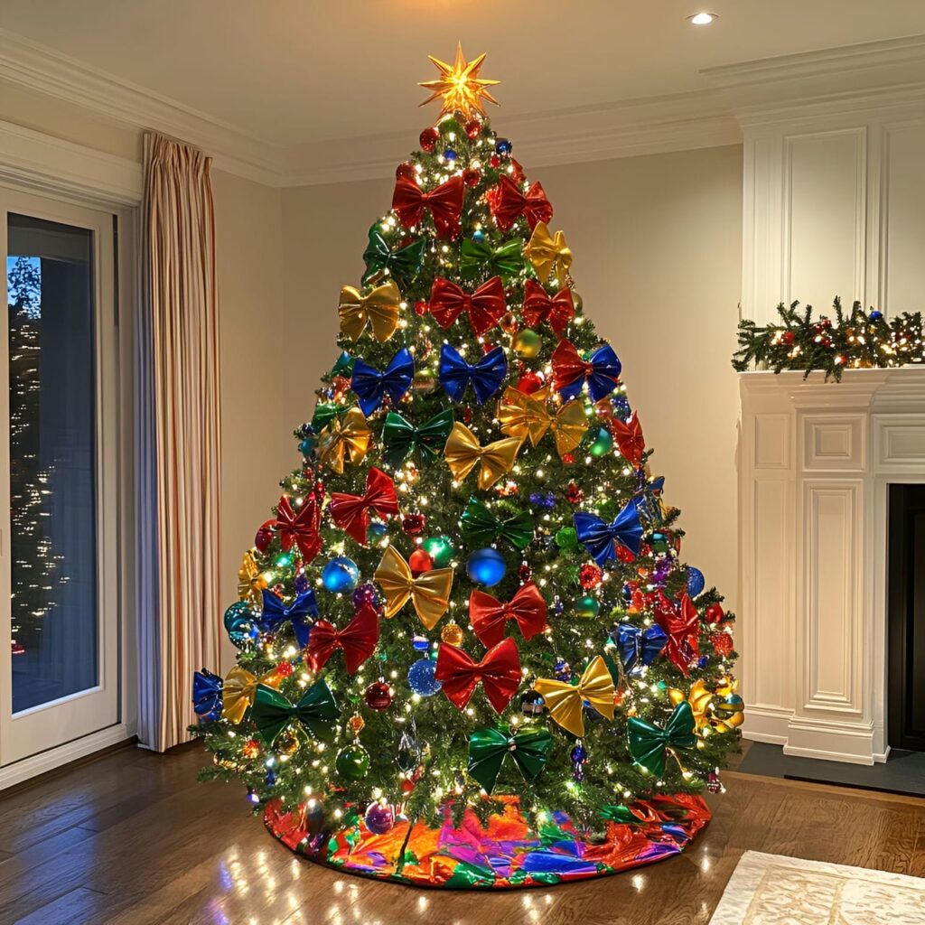 28. Bright Multi-Colored Christmas Tree with Bow Ornaments