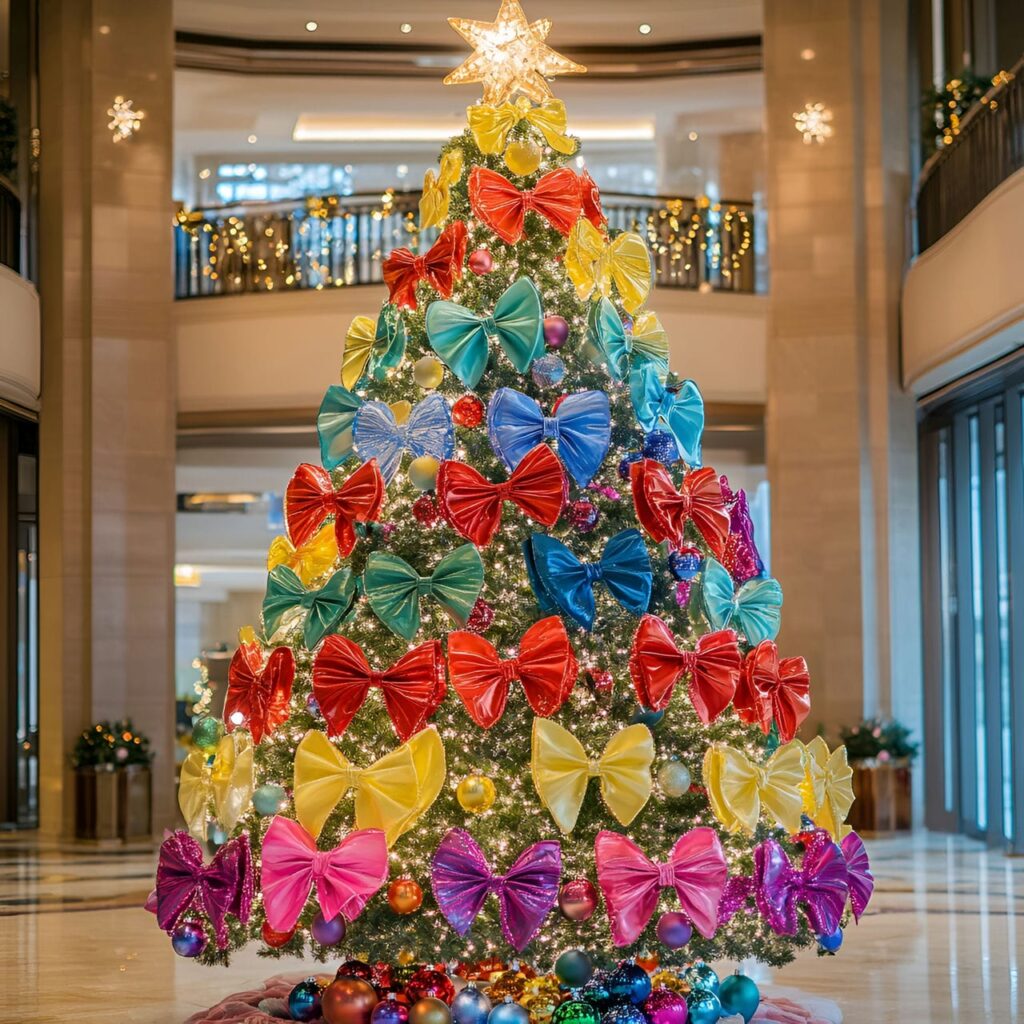 28. Bright Multi-Colored Christmas Tree with Bow Ornaments