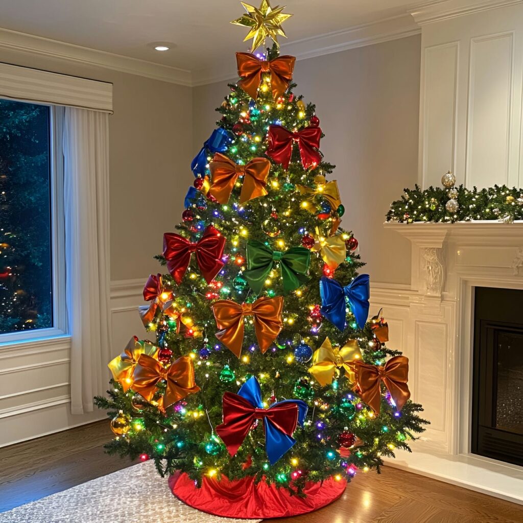 28. Bright Multi-Colored Christmas Tree with Bow Ornaments