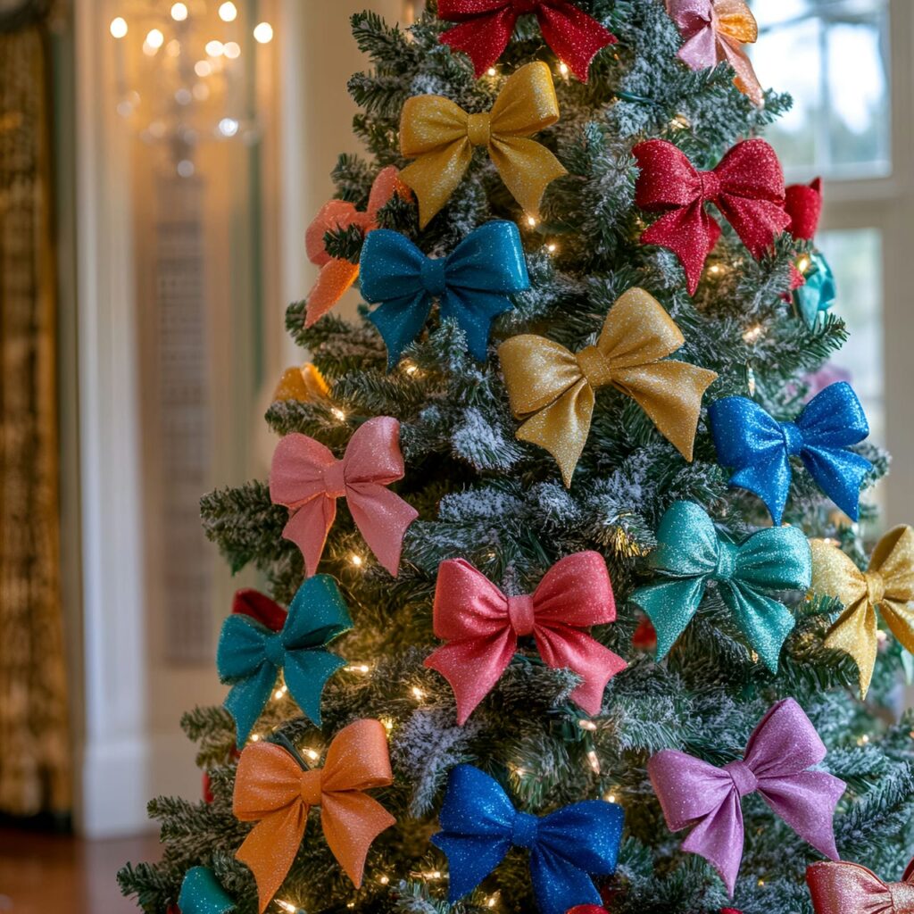 28. Bright Multi-Colored Christmas Tree with Bow Ornaments