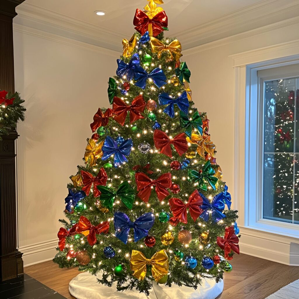 28. Bright Multi-Colored Christmas Tree with Bow Ornaments