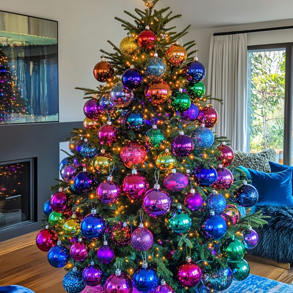 31. Multi-Colored Tree with Disco Balls for Retro Festivities