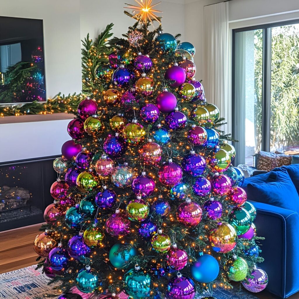 31. Multi-Colored Tree with Disco Balls for Retro Festivities