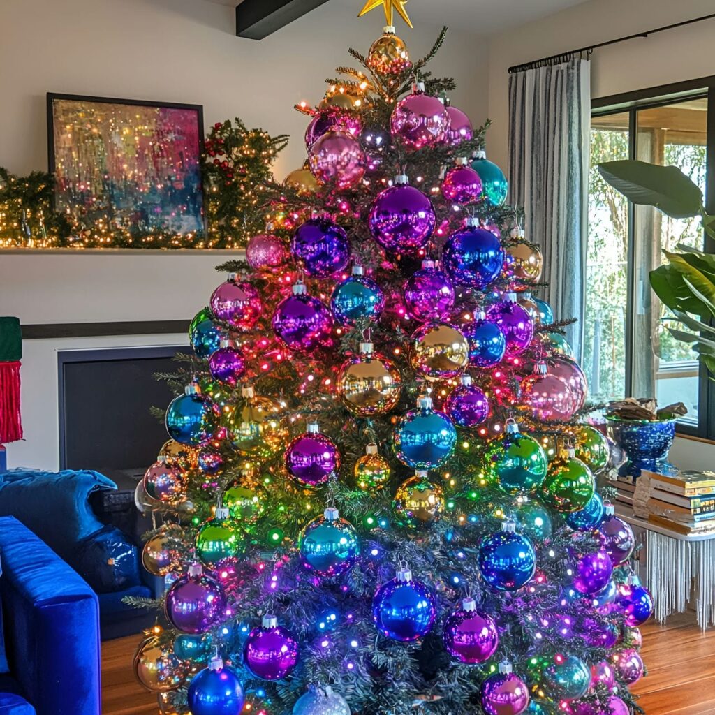 31. Multi-Colored Tree with Disco Balls for Retro Festivities