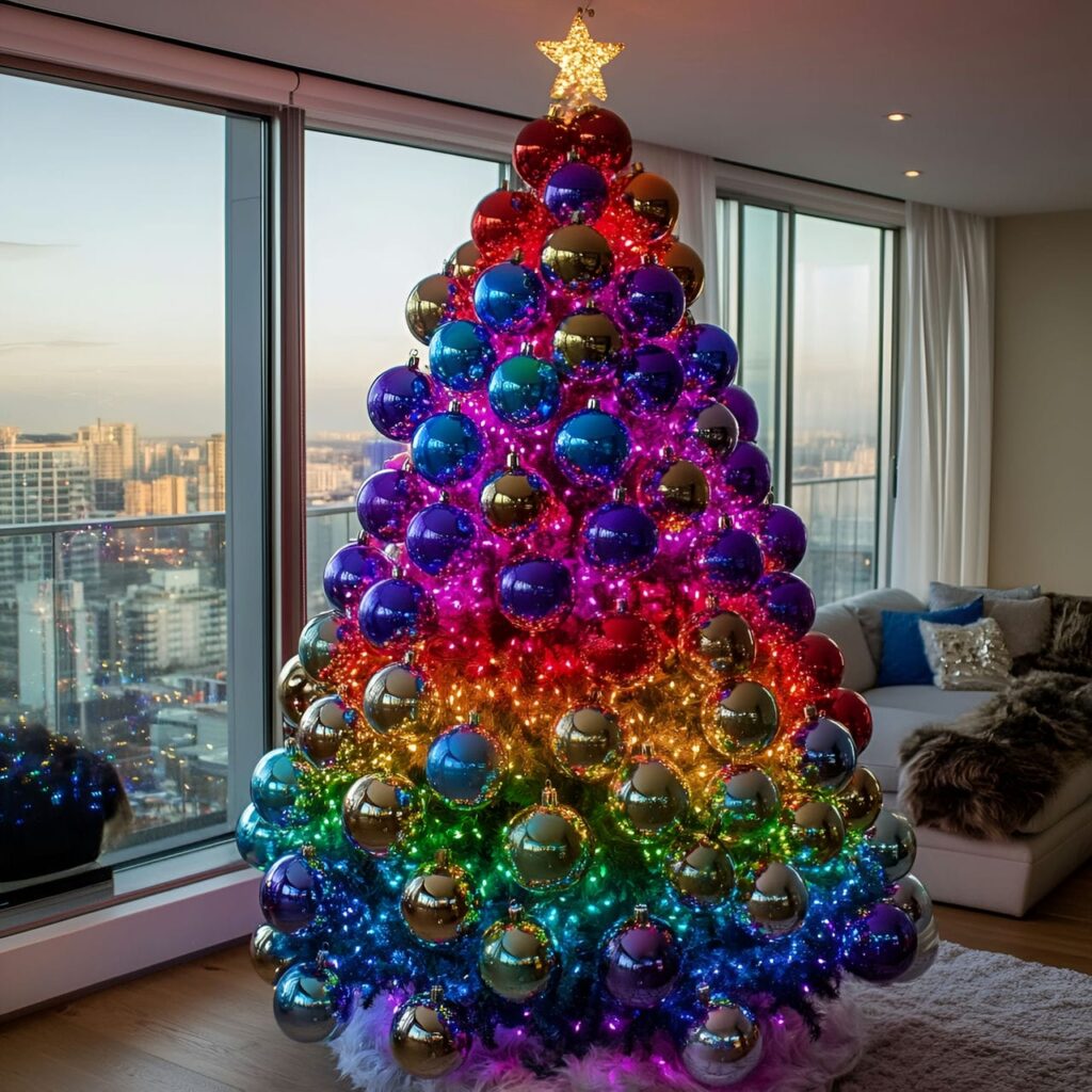 31. Multi-Colored Tree with Disco Balls for Retro Festivities