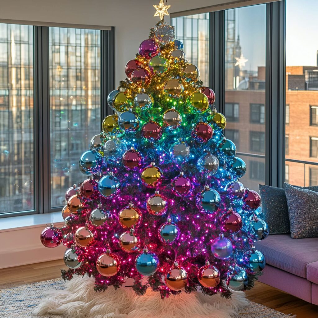 31. Multi-Colored Tree with Disco Balls for Retro Festivities