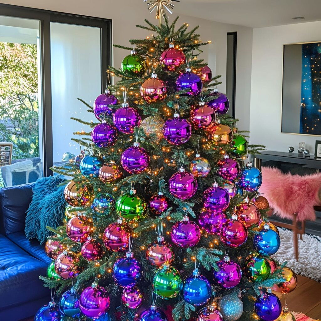 31. Multi-Colored Tree with Disco Balls for Retro Festivities