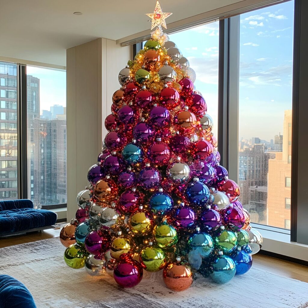 31. Multi-Colored Tree with Disco Balls for Retro Festivities