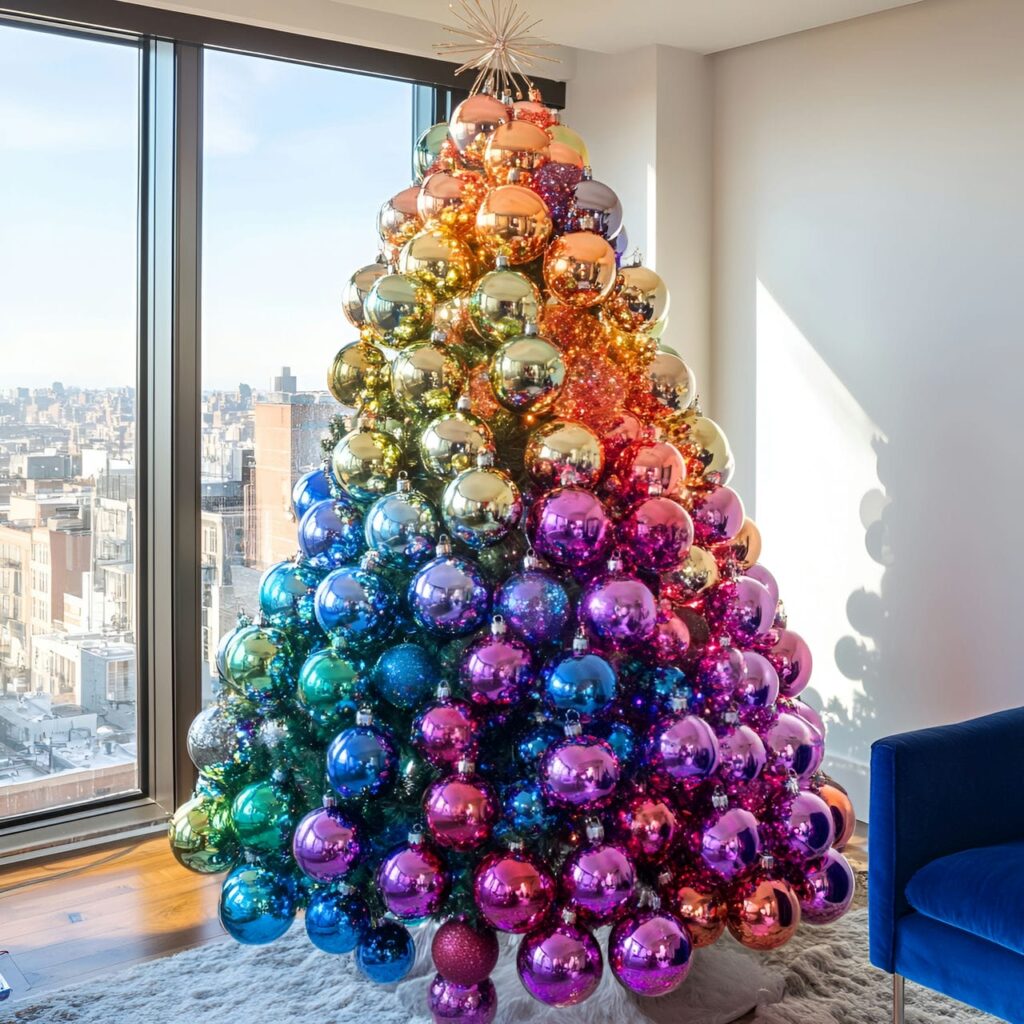 31. Multi-Colored Tree with Disco Balls for Retro Festivities