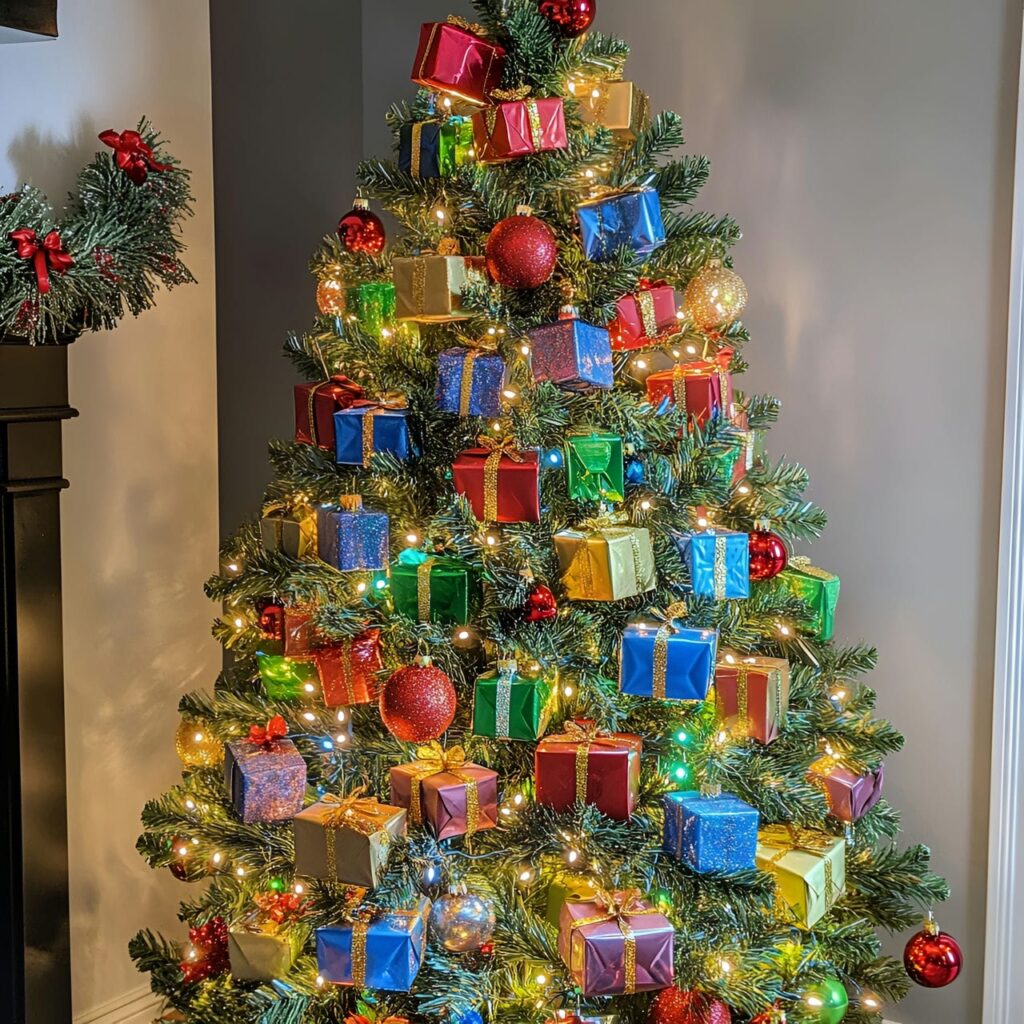 30. Multi-Colored Christmas Tree with Gift Box Ornaments