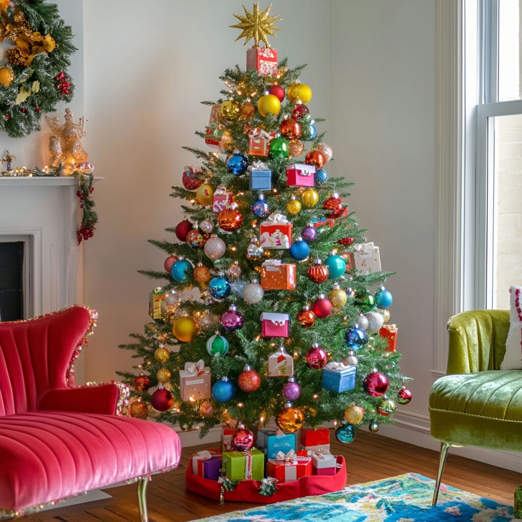 30. Multi-Colored Christmas Tree with Gift Box Ornaments