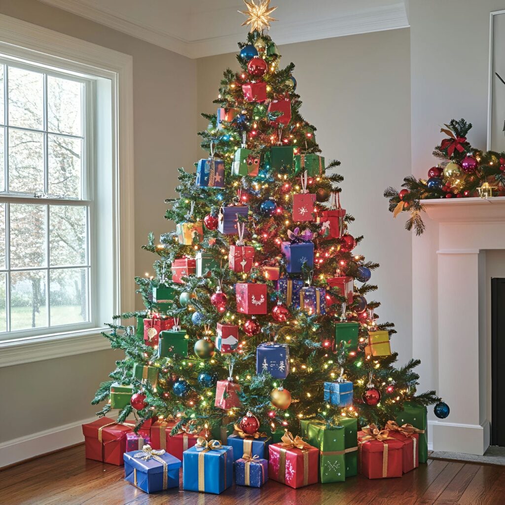 30. Multi-Colored Christmas Tree with Gift Box Ornaments