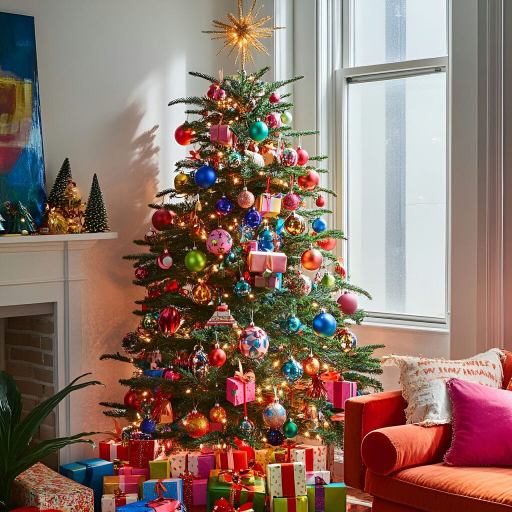 30. Multi-Colored Christmas Tree with Gift Box Ornaments