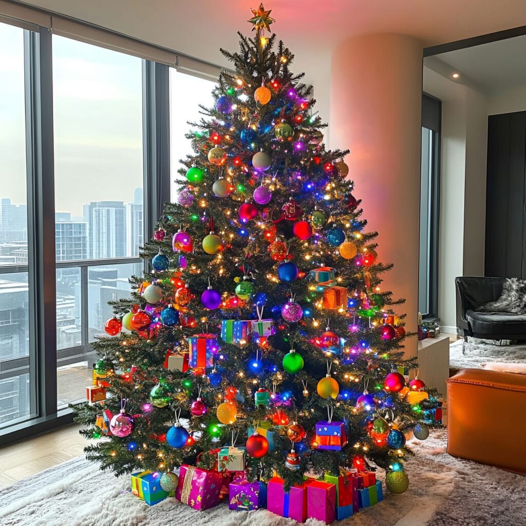 30. Multi-Colored Christmas Tree with Gift Box Ornaments