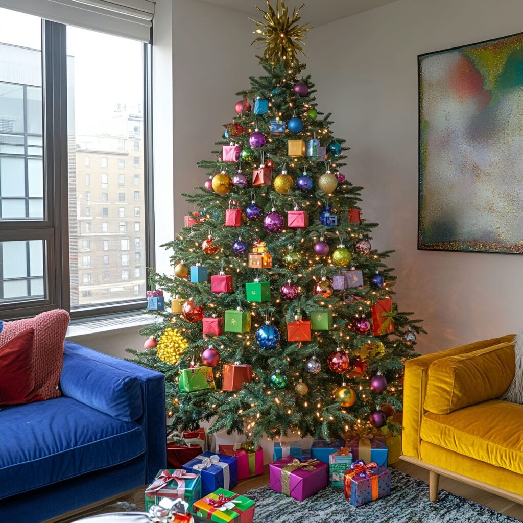 30. Multi-Colored Christmas Tree with Gift Box Ornaments