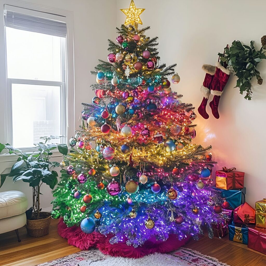 23. Multi-Colored Tree with Lights and Tinsel for Extra Sparkle