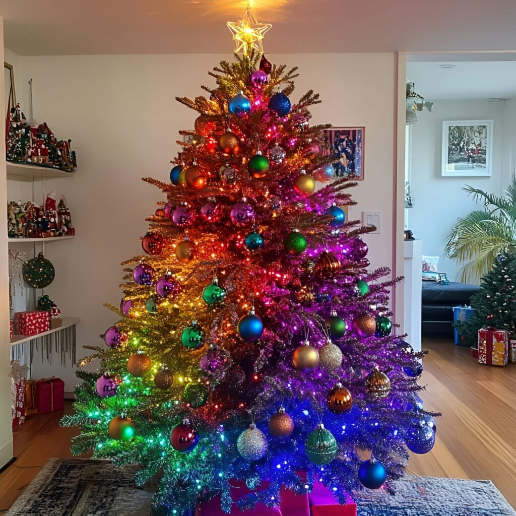 23. Multi-Colored Tree with Lights and Tinsel for Extra Sparkle