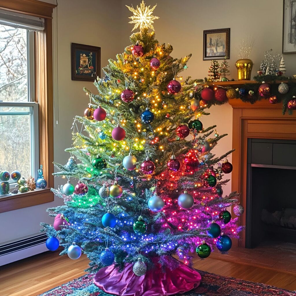 23. Multi-Colored Tree with Lights and Tinsel for Extra Sparkle