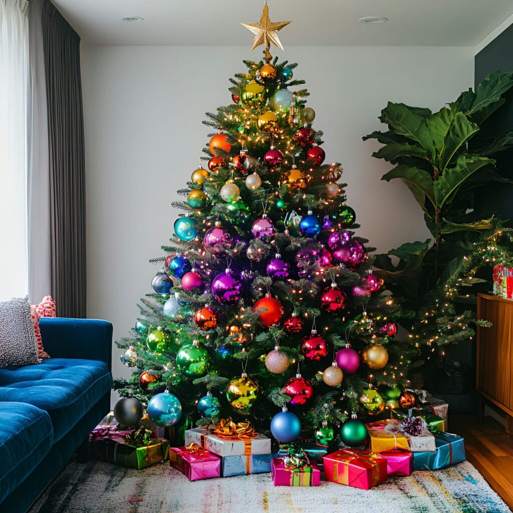 23. Multi-Colored Tree with Lights and Tinsel for Extra Sparkle