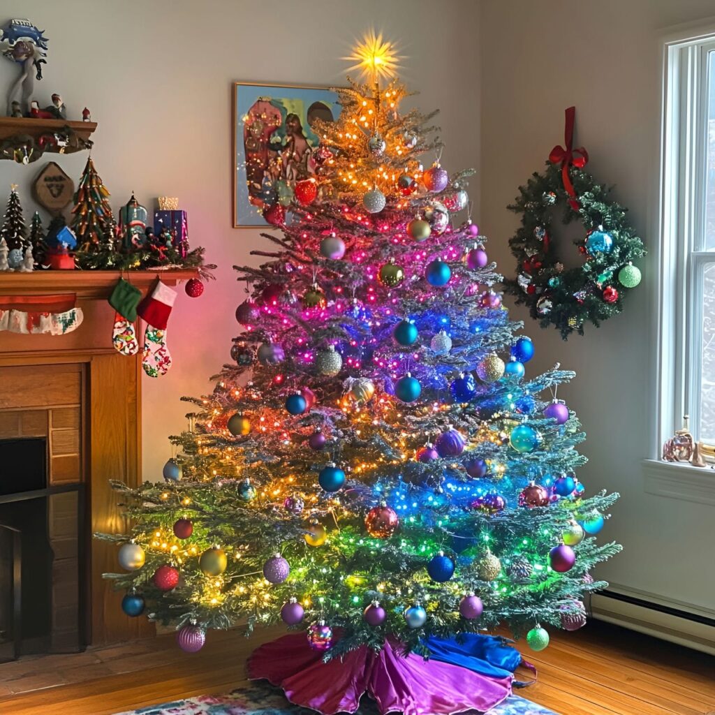 23. Multi-Colored Tree with Lights and Tinsel for Extra Sparkle