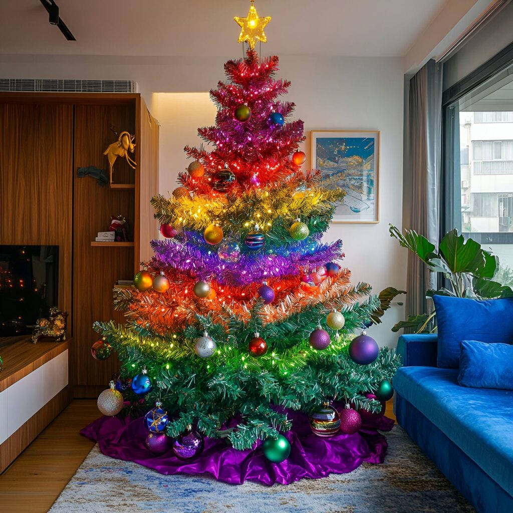 23. Multi-Colored Tree with Lights and Tinsel for Extra Sparkle