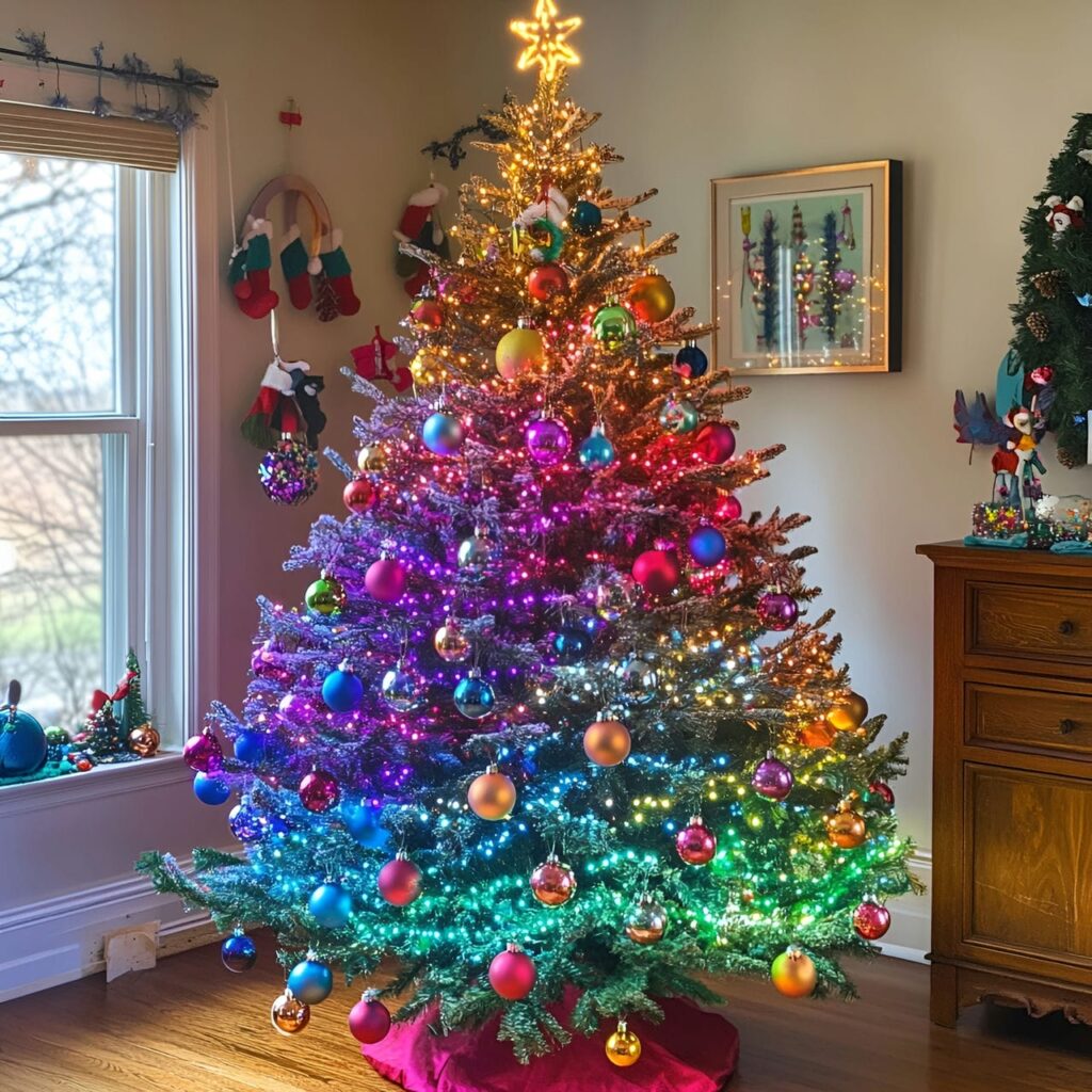 23. Multi-Colored Tree with Lights and Tinsel for Extra Sparkle