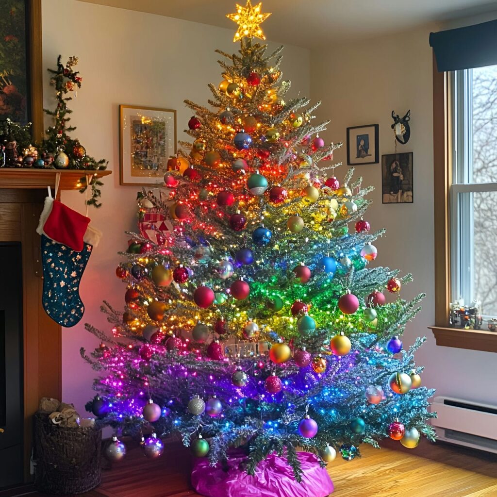 23. Multi-Colored Tree with Lights and Tinsel for Extra Sparkle