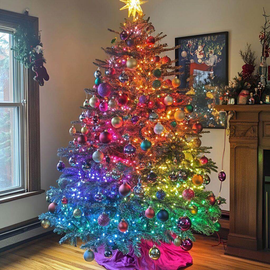 23. Multi-Colored Tree with Lights and Tinsel for Extra Sparkle