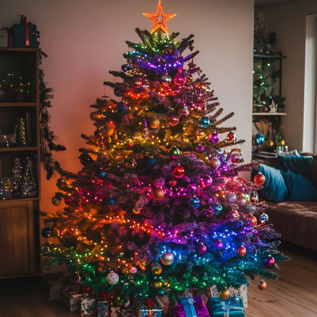 23. Multi-Colored Tree with Lights and Tinsel for Extra Sparkle