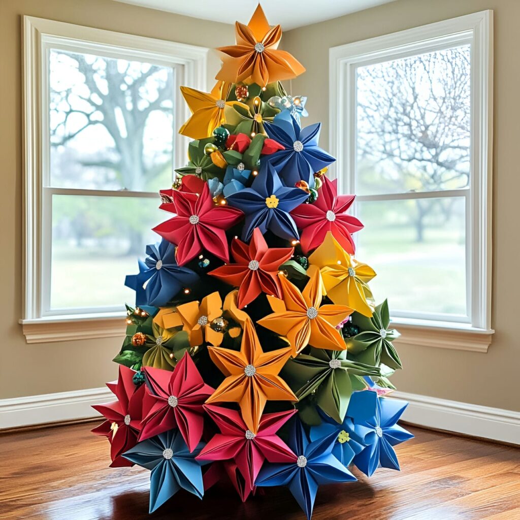 21. Multi-Colored Tree with Paper Ornaments for DIY Appeal