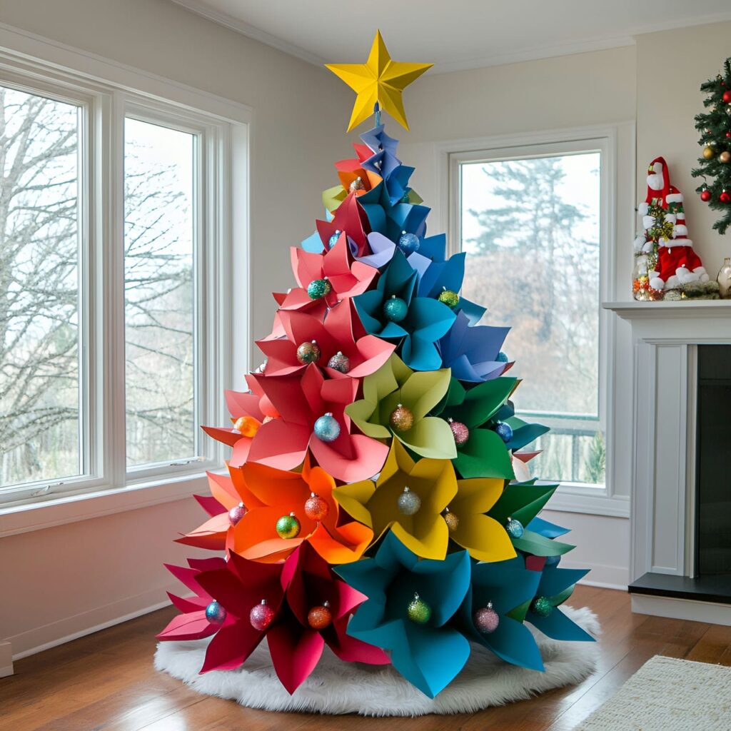 21. Multi-Colored Tree with Paper Ornaments for DIY Appeal