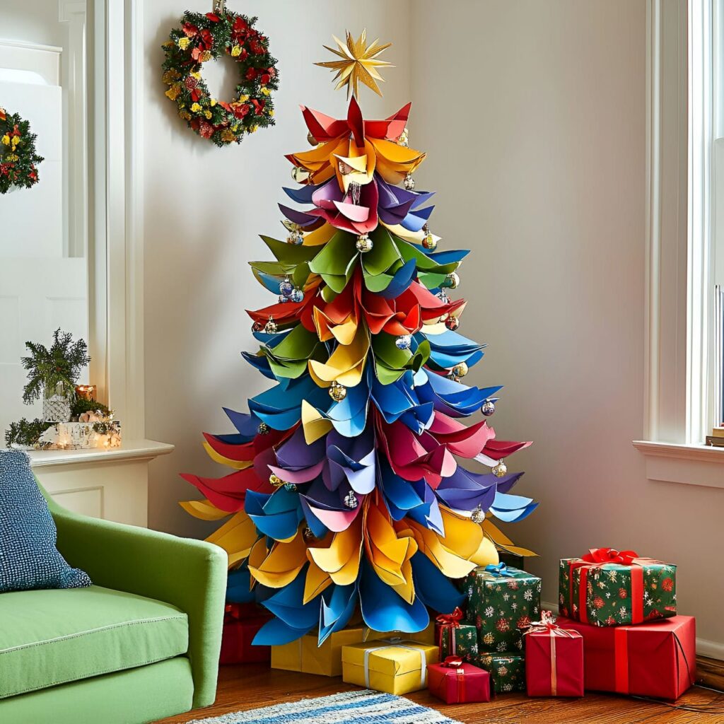 21. Multi-Colored Tree with Paper Ornaments for DIY Appeal