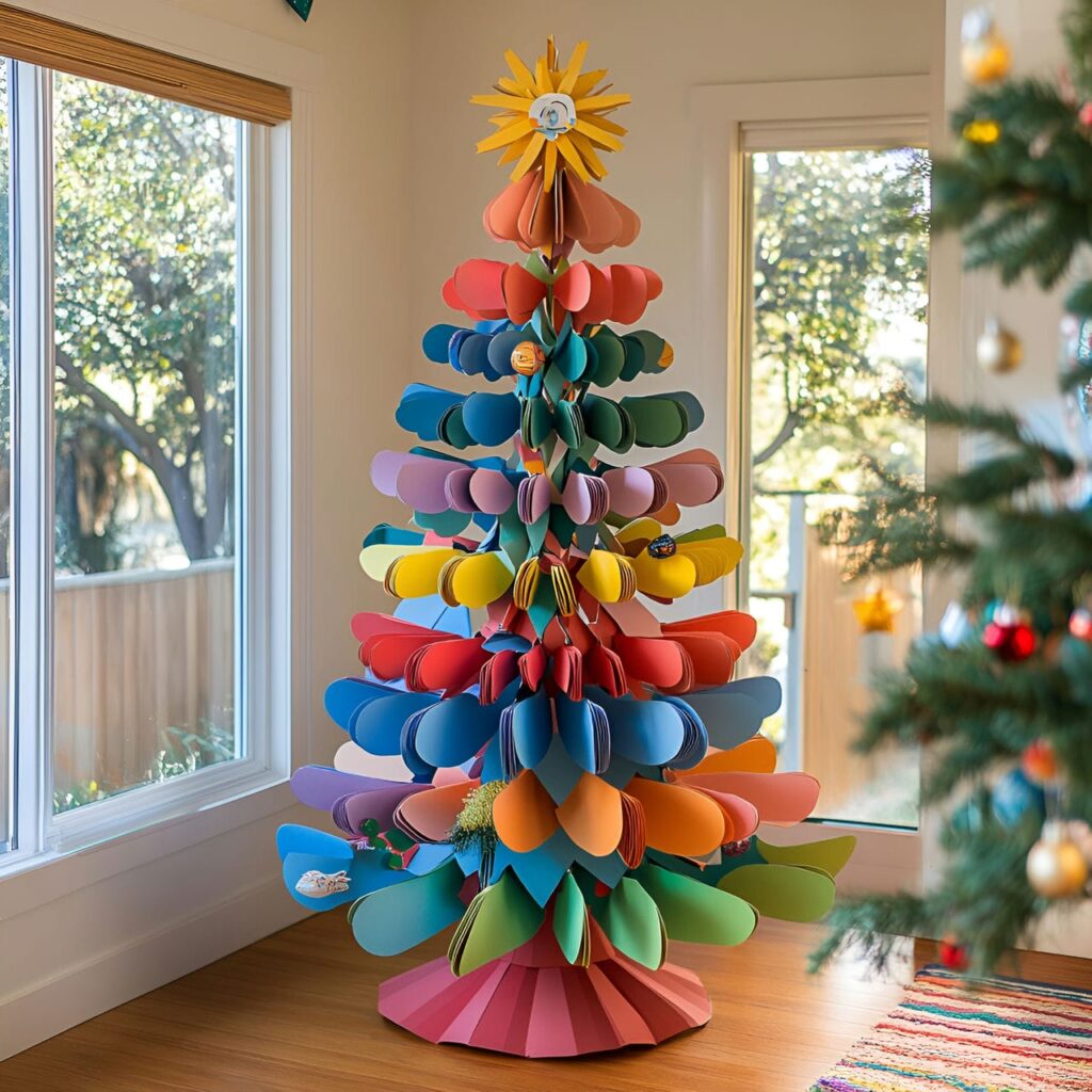 21. Multi-Colored Tree with Paper Ornaments for DIY Appeal