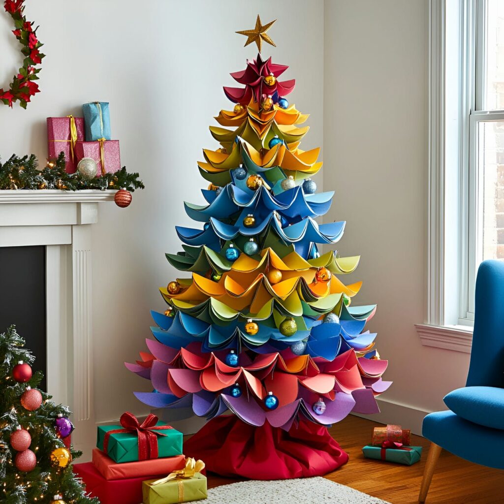 21. Multi-Colored Tree with Paper Ornaments for DIY Appeal