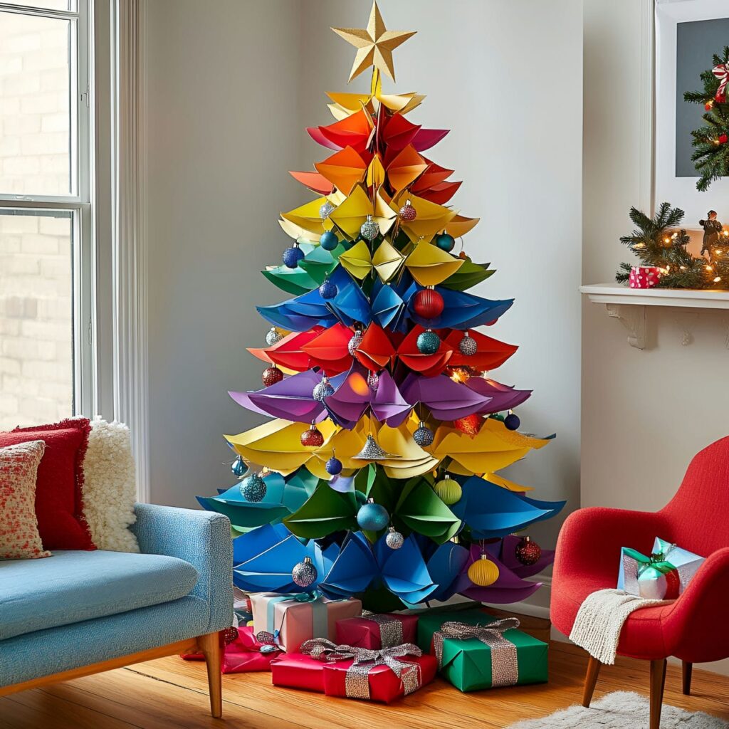 21. Multi-Colored Tree with Paper Ornaments for DIY Appeal