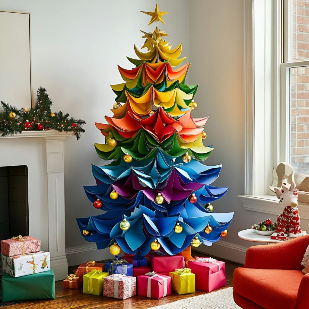 21. Multi-Colored Tree with Paper Ornaments for DIY Appeal