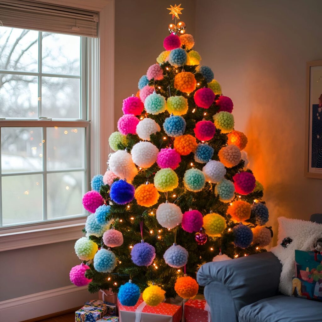 20. Multi-Colored Christmas Tree with Pom-Poms for Crafty Look