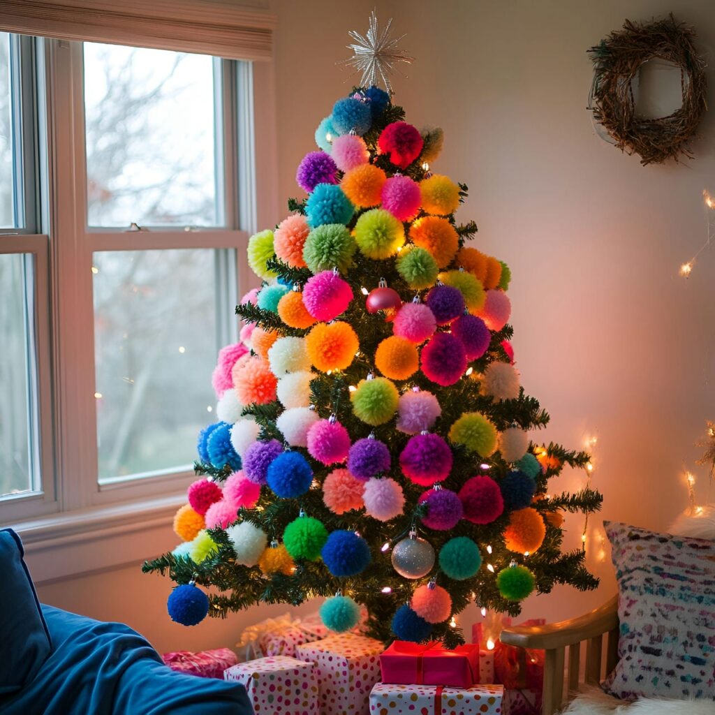 20. Multi-Colored Christmas Tree with Pom-Poms for Crafty Look